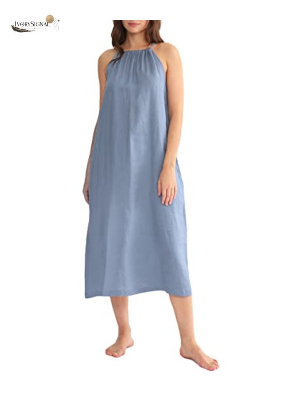 100% Linen Sleeveless Halter Maxi Dress with Pockets A-Line Tie Back